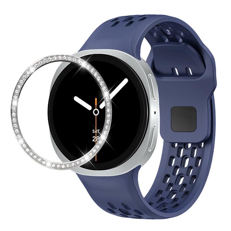 For Samsung Galaxy Watch8 40mm Diamond Bezel and Black Reverse Buckle Silicone Watch Band(Midnight Blue Silver) - Watch Bands by buy2fix | Online Shopping UK | buy2fix