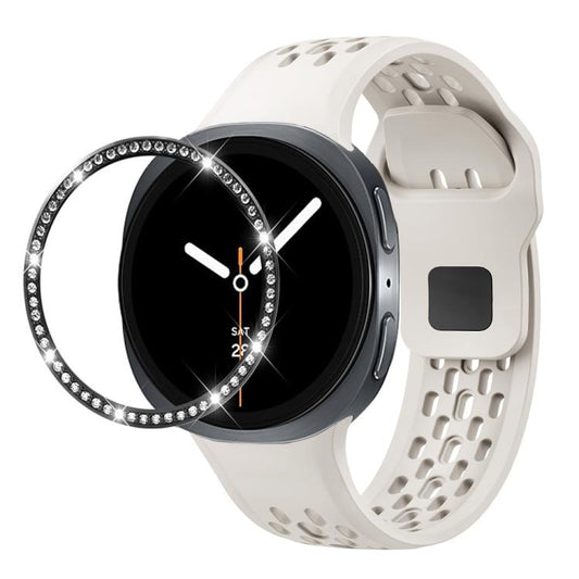 For Samsung Galaxy Watch8 40mm Diamond Bezel and Black Reverse Buckle Silicone Watch Band(Beige Black) - Watch Bands by buy2fix | Online Shopping UK | buy2fix