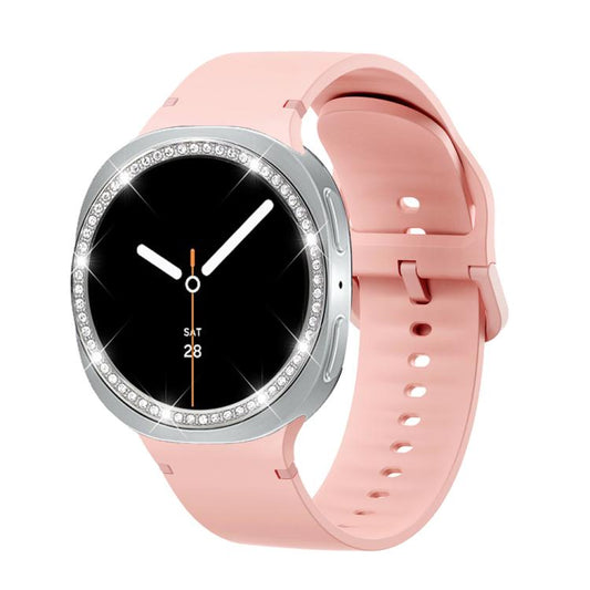 For Samsung Galaxy Watch8 44mm Diamond Bezel and Solid Color Stitched Silicone Watch Band(Pink Silver) - Watch Bands by buy2fix | Online Shopping UK | buy2fix