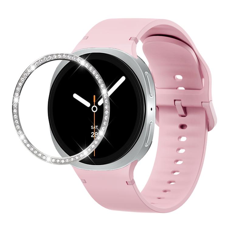 For Samsung Galaxy Watch8 44mm Diamond Bezel and Solid Color Stitched Silicone Watch Band(Light Pink Silver) - Watch Bands by buy2fix | Online Shopping UK | buy2fix