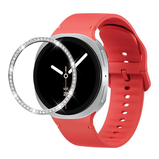 For Samsung Galaxy Watch8 44mm Diamond Bezel and Solid Color Stitched Silicone Watch Band(Red Silver) - Watch Bands by buy2fix | Online Shopping UK | buy2fix