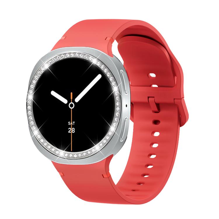 For Samsung Galaxy Watch8 44mm Diamond Bezel and Solid Color Stitched Silicone Watch Band(Red Silver) - Watch Bands by buy2fix | Online Shopping UK | buy2fix
