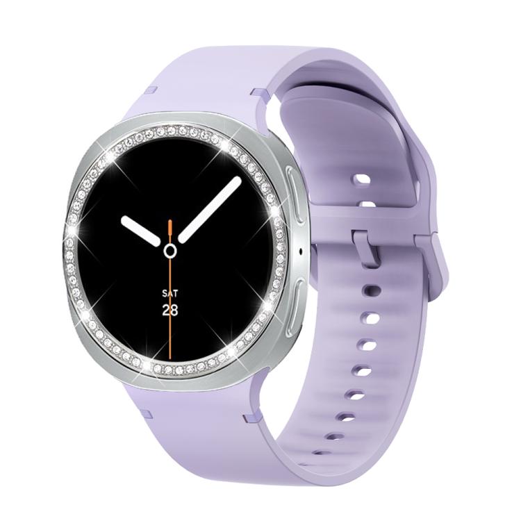 For Samsung Galaxy Watch8 44mm Diamond Bezel and Solid Color Stitched Silicone Watch Band(Official Purple Silver) - Watch Bands by buy2fix | Online Shopping UK | buy2fix