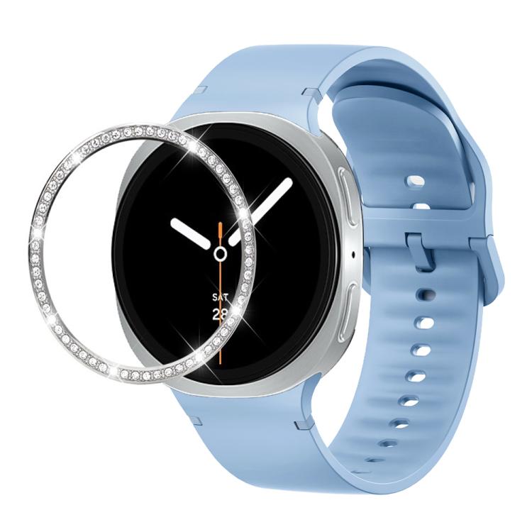 For Samsung Galaxy Watch8 44mm Diamond Bezel and Solid Color Stitched Silicone Watch Band(Light Blue Silver) - Watch Bands by buy2fix | Online Shopping UK | buy2fix