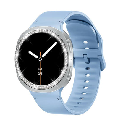 For Samsung Galaxy Watch8 44mm Diamond Bezel and Solid Color Stitched Silicone Watch Band(Light Blue Silver) - Watch Bands by buy2fix | Online Shopping UK | buy2fix