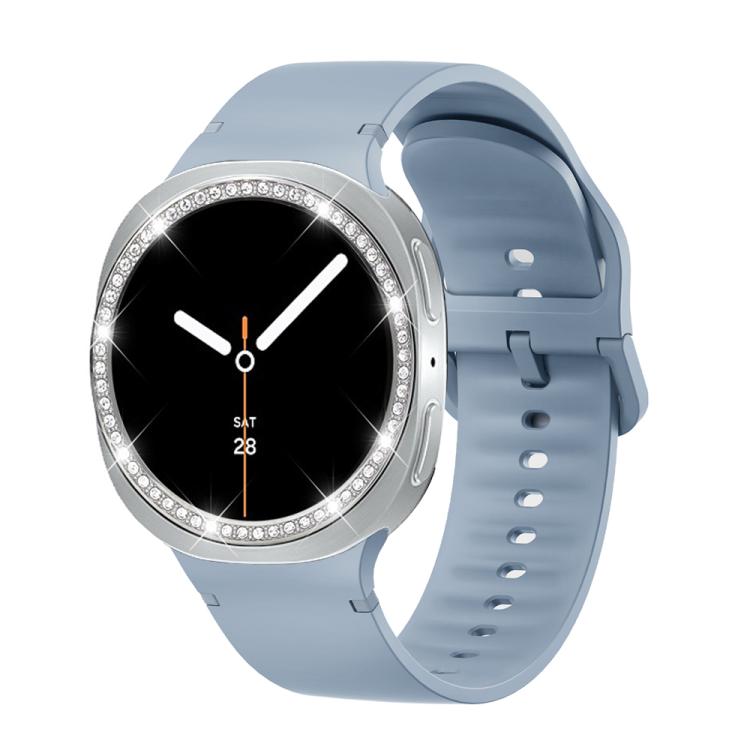 For Samsung Galaxy Watch8 44mm Diamond Bezel and Solid Color Stitched Silicone Watch Band(Jewel Blue Silver) - Watch Bands by buy2fix | Online Shopping UK | buy2fix