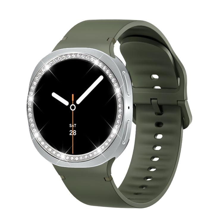 For Samsung Galaxy Watch8 44mm Diamond Bezel and Solid Color Stitched Silicone Watch Band(Army Green Silver) - Watch Bands by buy2fix | Online Shopping UK | buy2fix