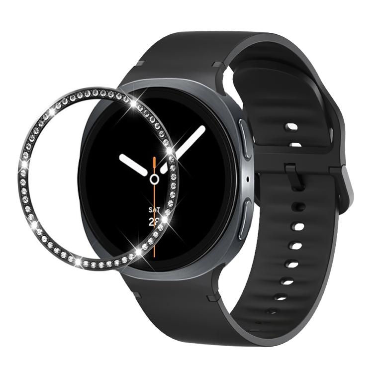 For Samsung Galaxy Watch8 44mm Diamond Bezel and Solid Color Stitched Silicone Watch Band(Black Black) - Watch Bands by buy2fix | Online Shopping UK | buy2fix