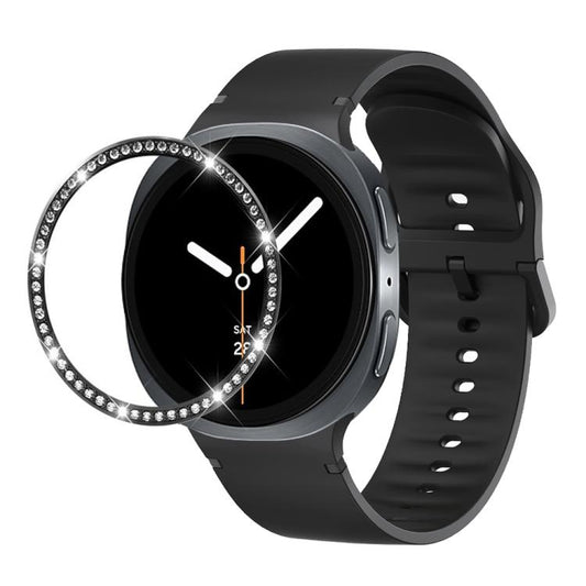 For Samsung Galaxy Watch8 44mm Diamond Bezel and Solid Color Stitched Silicone Watch Band(Black Black) - Watch Bands by buy2fix | Online Shopping UK | buy2fix