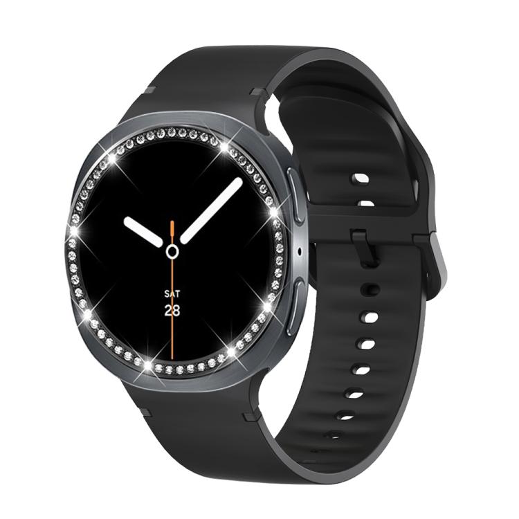 For Samsung Galaxy Watch8 44mm Diamond Bezel and Solid Color Stitched Silicone Watch Band(Black Black) - Watch Bands by buy2fix | Online Shopping UK | buy2fix