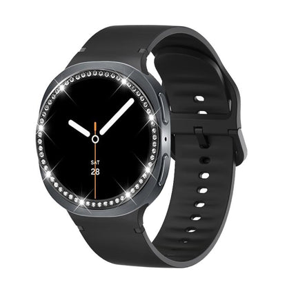 For Samsung Galaxy Watch8 44mm Diamond Bezel and Solid Color Stitched Silicone Watch Band(Black Black) - Watch Bands by buy2fix | Online Shopping UK | buy2fix