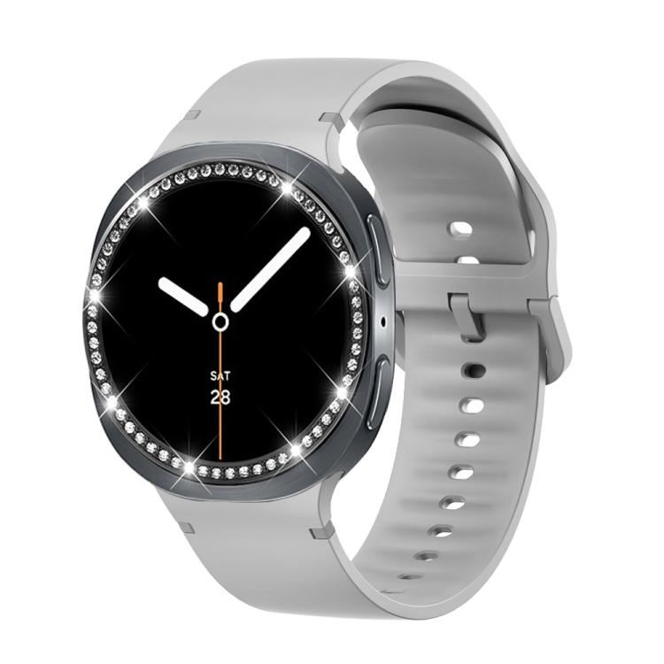 For Samsung Galaxy Watch8 44mm Diamond Bezel and Solid Color Stitched Silicone Watch Band(Gray Black) - Watch Bands by buy2fix | Online Shopping UK | buy2fix