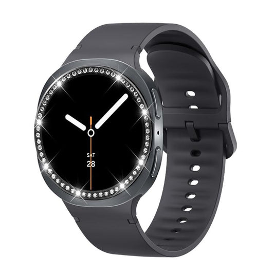 For Samsung Galaxy Watch8 44mm Diamond Bezel and Solid Color Stitched Silicone Watch Band(Dark Gray Black) - Watch Bands by buy2fix | Online Shopping UK | buy2fix