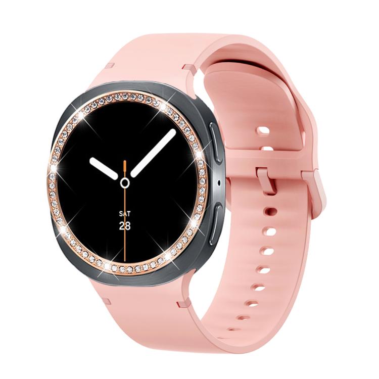 For Samsung Galaxy Watch8 44mm Diamond Bezel and Solid Color Stitched Silicone Watch Band(Pink Rose Gold) - Watch Bands by buy2fix | Online Shopping UK | buy2fix