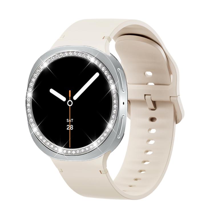 For Samsung Galaxy Watch8 40mm Diamond Bezel and Solid Color Stitched Silicone Watch Band(Starlight Silver) - Watch Bands by buy2fix | Online Shopping UK | buy2fix