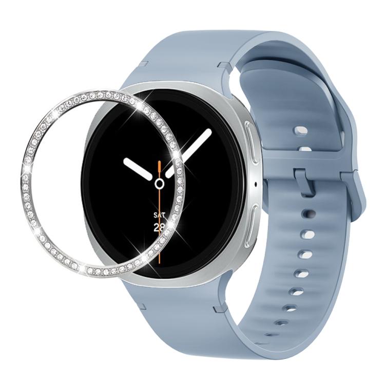 For Samsung Galaxy Watch8 40mm Diamond Bezel and Solid Color Stitched Silicone Watch Band(Jewel Blue Silver) - Watch Bands by buy2fix | Online Shopping UK | buy2fix