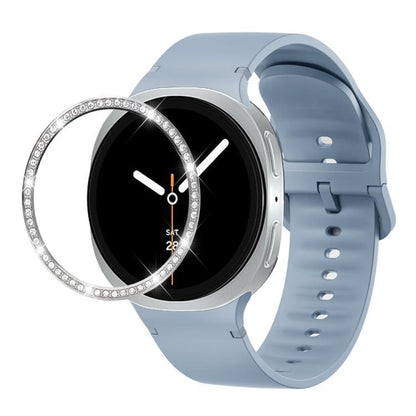 For Samsung Galaxy Watch8 40mm Diamond Bezel and Solid Color Stitched Silicone Watch Band(Jewel Blue Silver) - Watch Bands by buy2fix | Online Shopping UK | buy2fix