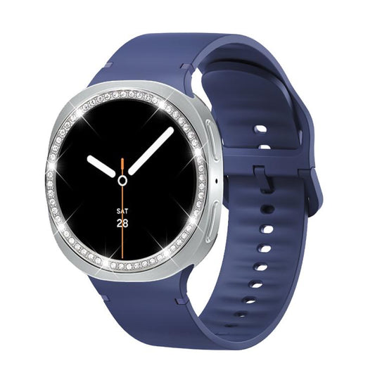 For Samsung Galaxy Watch8 40mm Diamond Bezel and Solid Color Stitched Silicone Watch Band(Midnight Blue Silver) - Watch Bands by buy2fix | Online Shopping UK | buy2fix
