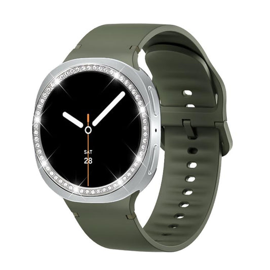 For Samsung Galaxy Watch8 40mm Diamond Bezel and Solid Color Stitched Silicone Watch Band(Army Green Silver) - Watch Bands by buy2fix | Online Shopping UK | buy2fix
