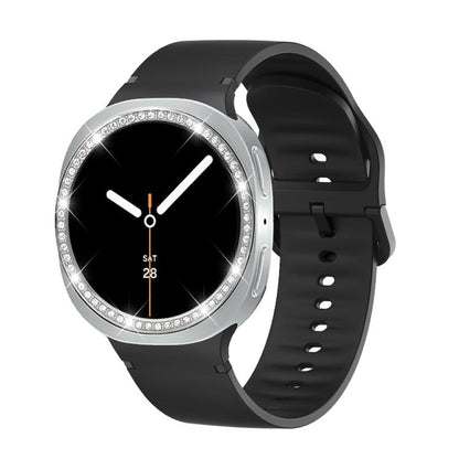 For Samsung Galaxy Watch8 40mm Diamond Bezel and Solid Color Stitched Silicone Watch Band(Black Silver) - Watch Bands by buy2fix | Online Shopping UK | buy2fix
