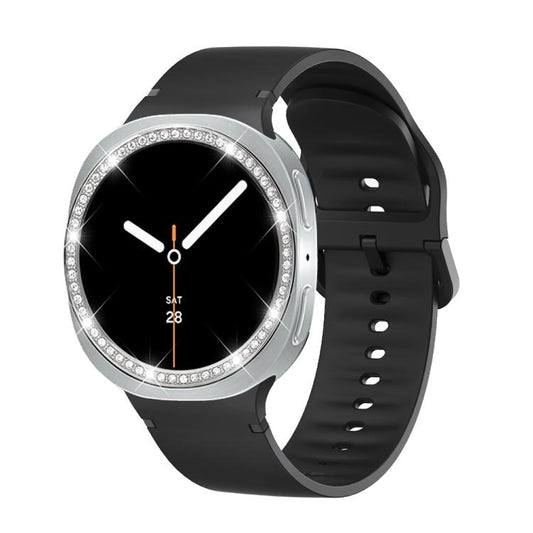 For Samsung Galaxy Watch8 40mm Diamond Bezel and Solid Color Stitched Silicone Watch Band(Black Silver) - Watch Bands by buy2fix | Online Shopping UK | buy2fix
