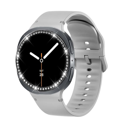 For Samsung Galaxy Watch8 40mm Diamond Bezel and Solid Color Stitched Silicone Watch Band(Gray Black) - Watch Bands by buy2fix | Online Shopping UK | buy2fix