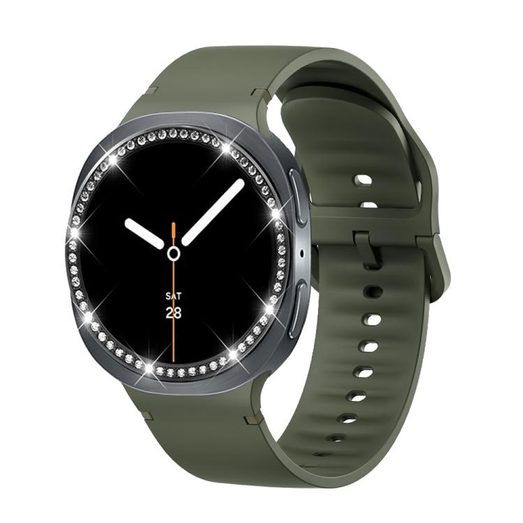 For Samsung Galaxy Watch8 40mm Diamond Bezel and Solid Color Stitched Silicone Watch Band(Army Green Black) - Watch Bands by buy2fix | Online Shopping UK | buy2fix