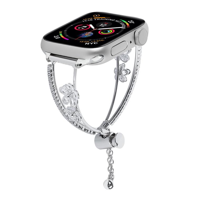 For Apple Watch 46mm / 49mm / 45mm / 44mm Copper-Inlaid Zircon 5-petal Flower Bracelet Watch Band(Silver) - Watch Bands by buy2fix | Online Shopping UK | buy2fix