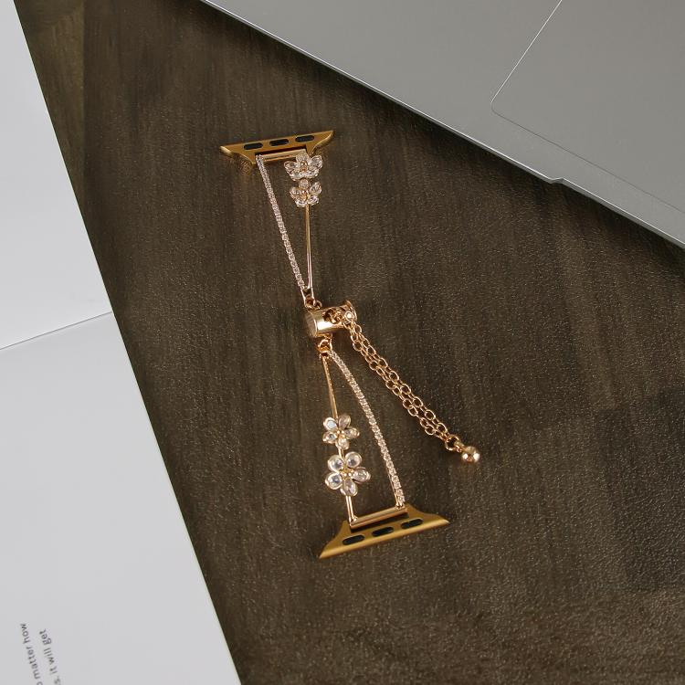 For Apple Watch 42mm / 41mm / 40mm / 38mm Copper-Inlaid Zircon 5-petal Flower Bracelet Watch Band(Gold) - Watch Bands by buy2fix | Online Shopping UK | buy2fix