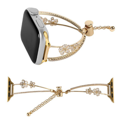 For Apple Watch 42mm / 41mm / 40mm / 38mm Copper-Inlaid Zircon 5-petal Flower Bracelet Watch Band(Gold) - Watch Bands by buy2fix | Online Shopping UK | buy2fix