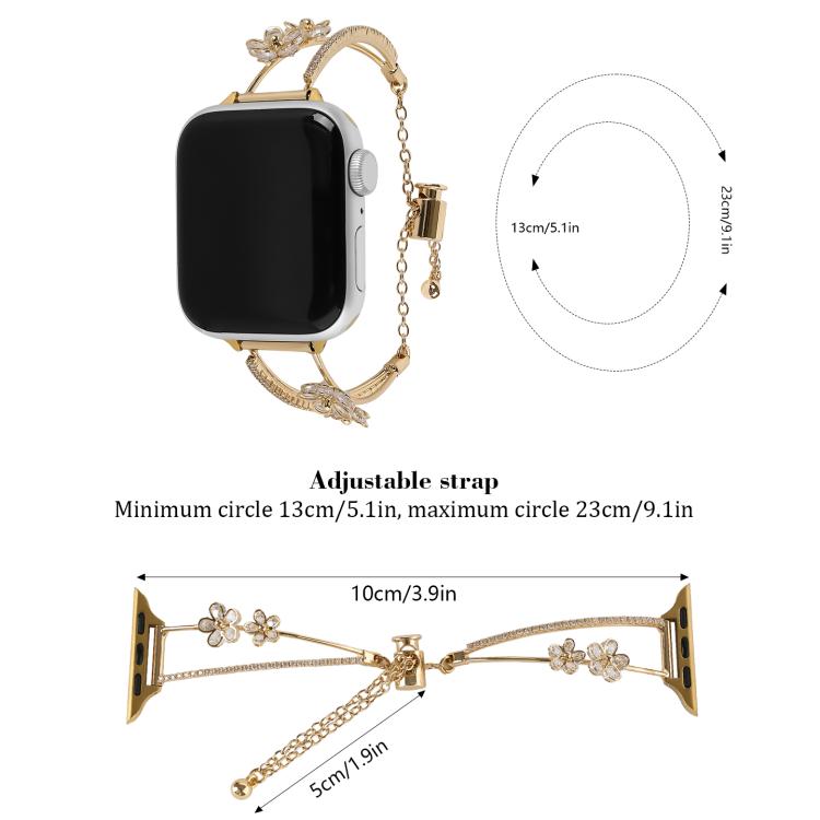 For Apple Watch 42mm / 41mm / 40mm / 38mm Copper-Inlaid Zircon 5-petal Flower Bracelet Watch Band(Gold) - Watch Bands by buy2fix | Online Shopping UK | buy2fix