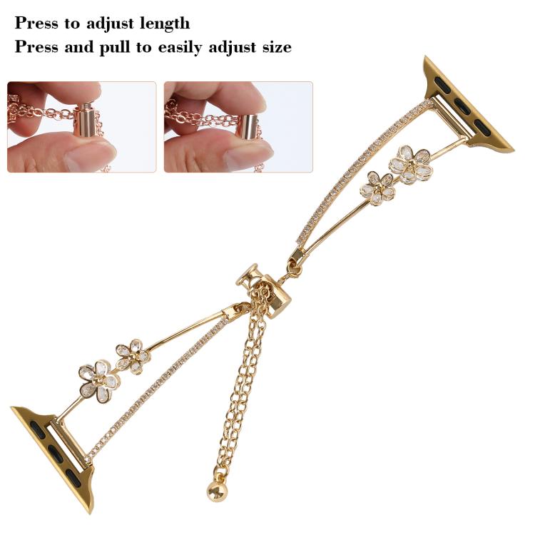 For Apple Watch 42mm / 41mm / 40mm / 38mm Copper-Inlaid Zircon 5-petal Flower Bracelet Watch Band(Gold) - Watch Bands by buy2fix | Online Shopping UK | buy2fix