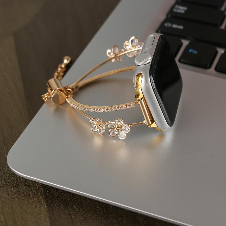 For Apple Watch 42mm / 41mm / 40mm / 38mm Copper-Inlaid Zircon 5-petal Flower Bracelet Watch Band(Gold) - Watch Bands by buy2fix | Online Shopping UK | buy2fix