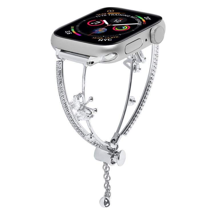 For Apple Watch 42mm / 41mm / 40mm / 38mm Copper-Inlaid Butterfly Zircon Bracelet Watch Band(Siver) - Watch Bands by buy2fix | Online Shopping UK | buy2fix