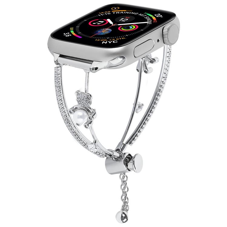 For Apple Watch 42mm / 41mm / 40mm / 38mm Copper-Inlaid Bear Zircon Bracelet Watch Band(Siver) - Watch Bands by buy2fix | Online Shopping UK | buy2fix