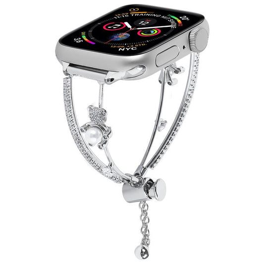 For Apple Watch 42mm / 41mm / 40mm / 38mm Copper-Inlaid Bear Zircon Bracelet Watch Band(Siver) - Watch Bands by buy2fix | Online Shopping UK | buy2fix