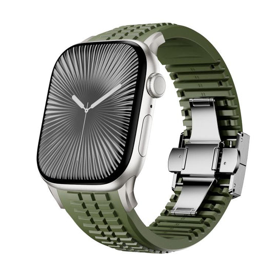 For Apple Watch 46mm / 49mm / 45mm / 44mm Knurled Texture Folding Buckle Silicone Watch Band(Titanium Green)