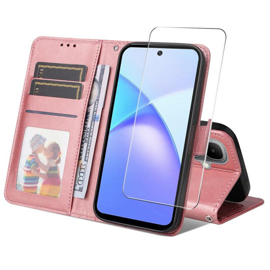 For Infinix Smart 10 4G ENKAY Card Wallet Calf Texture Leather Phone Case with Screen Film(Pink)