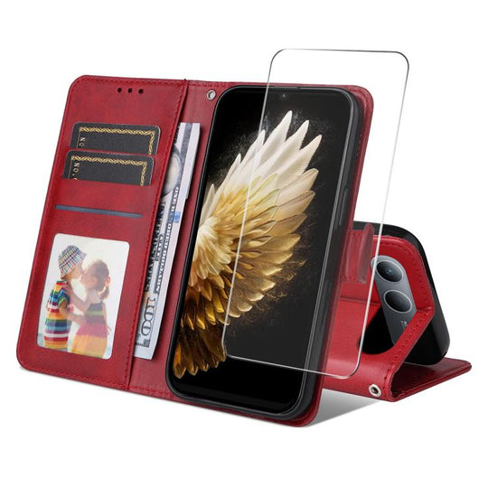 For Infinix Hot 60i 5G ENKAY Card Wallet Calf Texture Leather Phone Case with Screen Film(Red)