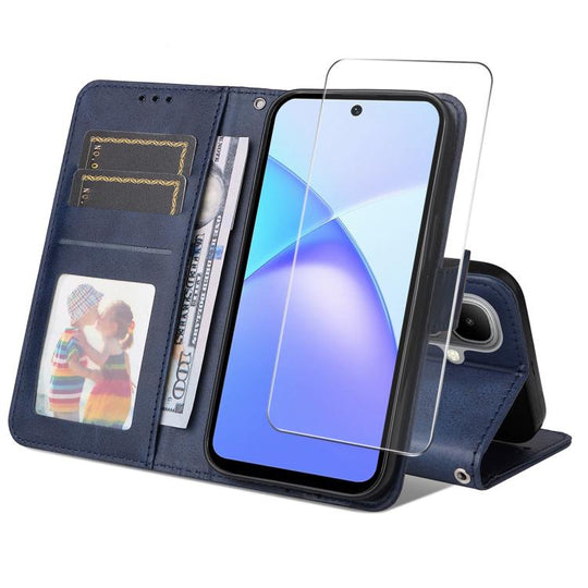 For Tecno Pop 10 ENKAY Card Wallet Calf Texture Leather Phone Case with Screen Film(Blue)