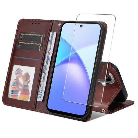 For Tecno Pop 10 ENKAY Card Wallet Calf Texture Leather Phone Case with Screen Film(Brown)
