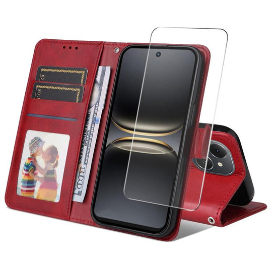 For Tecno Spark 40c ENKAY Card Wallet Calf Texture Leather Phone Case with Screen Film(Red)