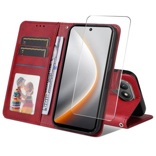 For Tecno Pova 7 5G ENKAY Card Wallet Calf Texture Leather Phone Case with Screen Film(Red)