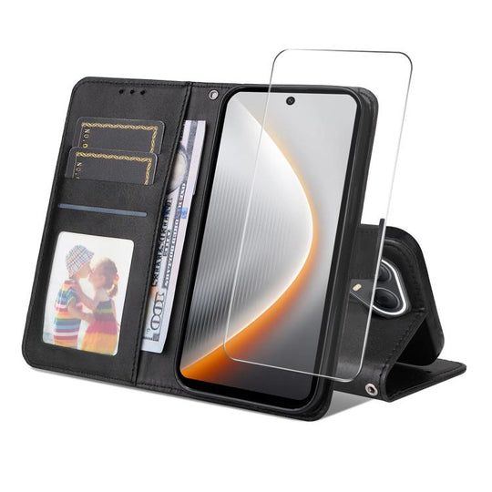 For Tecno Pova 7 Pro 5G ENKAY Card Wallet Calf Texture Leather Phone Case with Screen Film(Black)