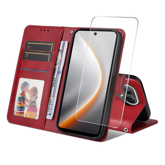 For Tecno Pova 7 Pro 5G ENKAY Card Wallet Calf Texture Leather Phone Case with Screen Film(Red)