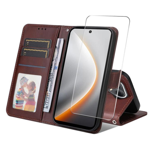 For Tecno Pova 7 Ultra 5G ENKAY Card Wallet Calf Texture Leather Phone Case with Screen Film(Brown)