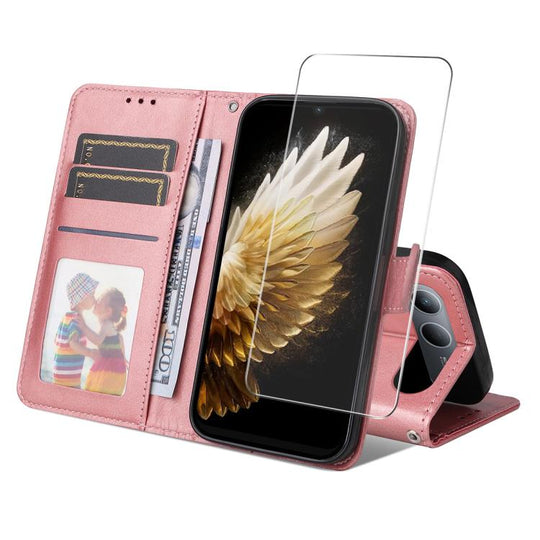 For Tecno Spark 40 5G / Go 5G 2025 ENKAY Card Wallet Calf Texture Leather Phone Case with Screen Film(Pink)