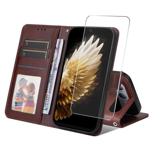 For Tecno Spark 40 5G / Go 5G 2025 ENKAY Card Wallet Calf Texture Leather Phone Case with Screen Film(Brown)