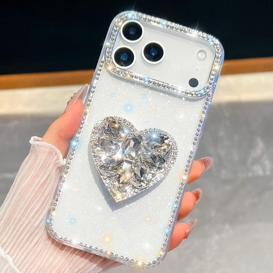 For iPhone 18 Pro Max / 17 Pro Max Diamond Glitter Gemstone Heart Holder Phone Case(White)