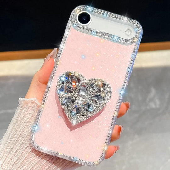 For iPhone 17 Air Diamond Glitter Gemstone Heart Holder Phone Case(Light Pink)
